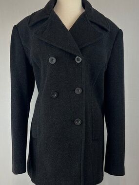 GUC CHARLES KLEIN Womens Double Breasted Pea Coat Charcoal Wool Blend Size 14